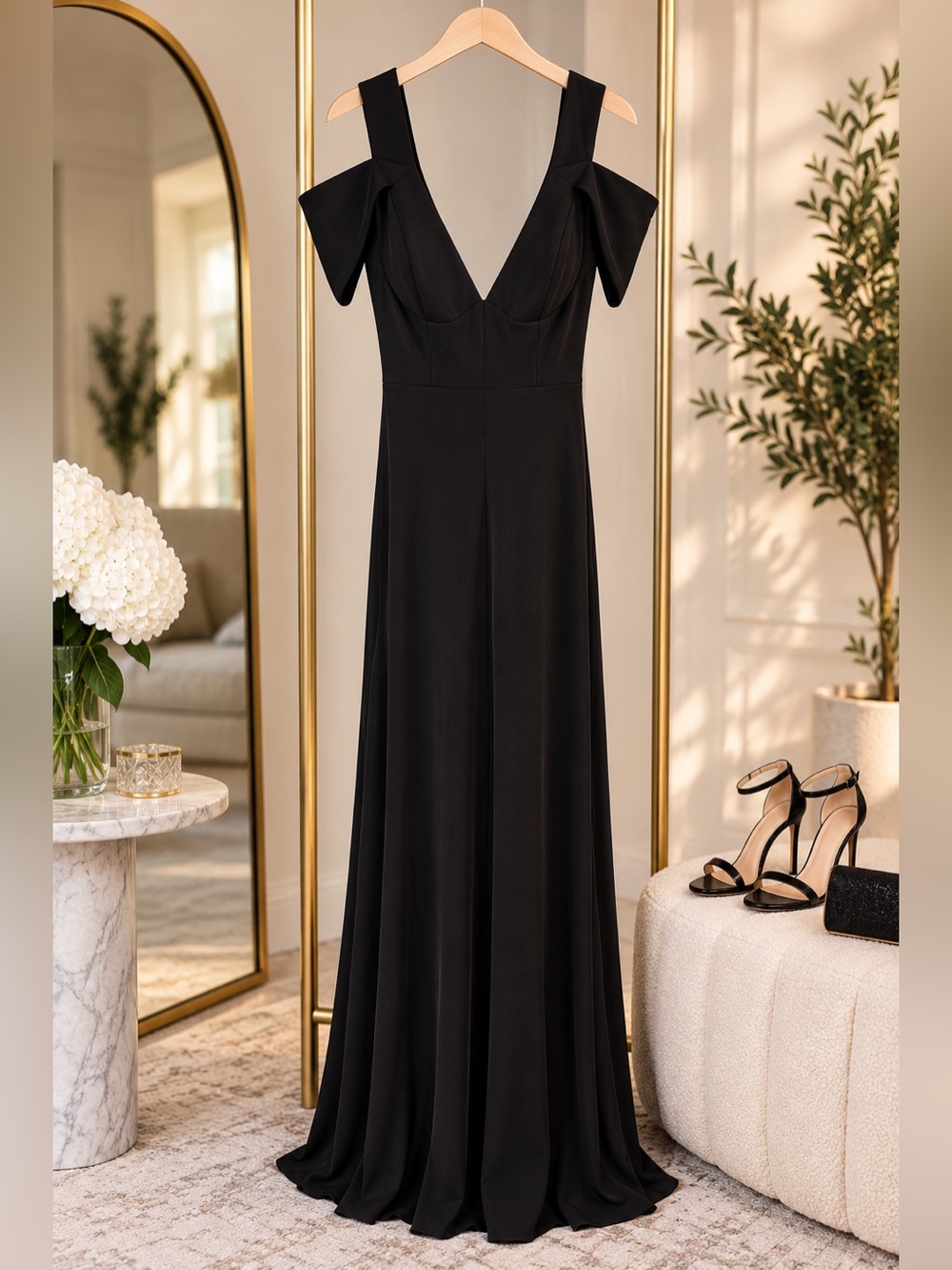 ABS by Allen Schwartz Black Cold Shoulder Maxi Dress Size S Formal Evening Gown